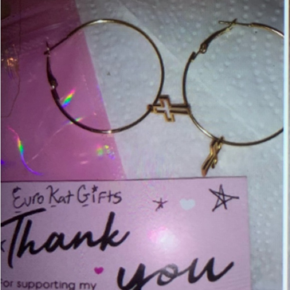 Anthropologie Gold Hoop Earrings 1-1/2”inch with Gold Hollow Cross Charm NEW